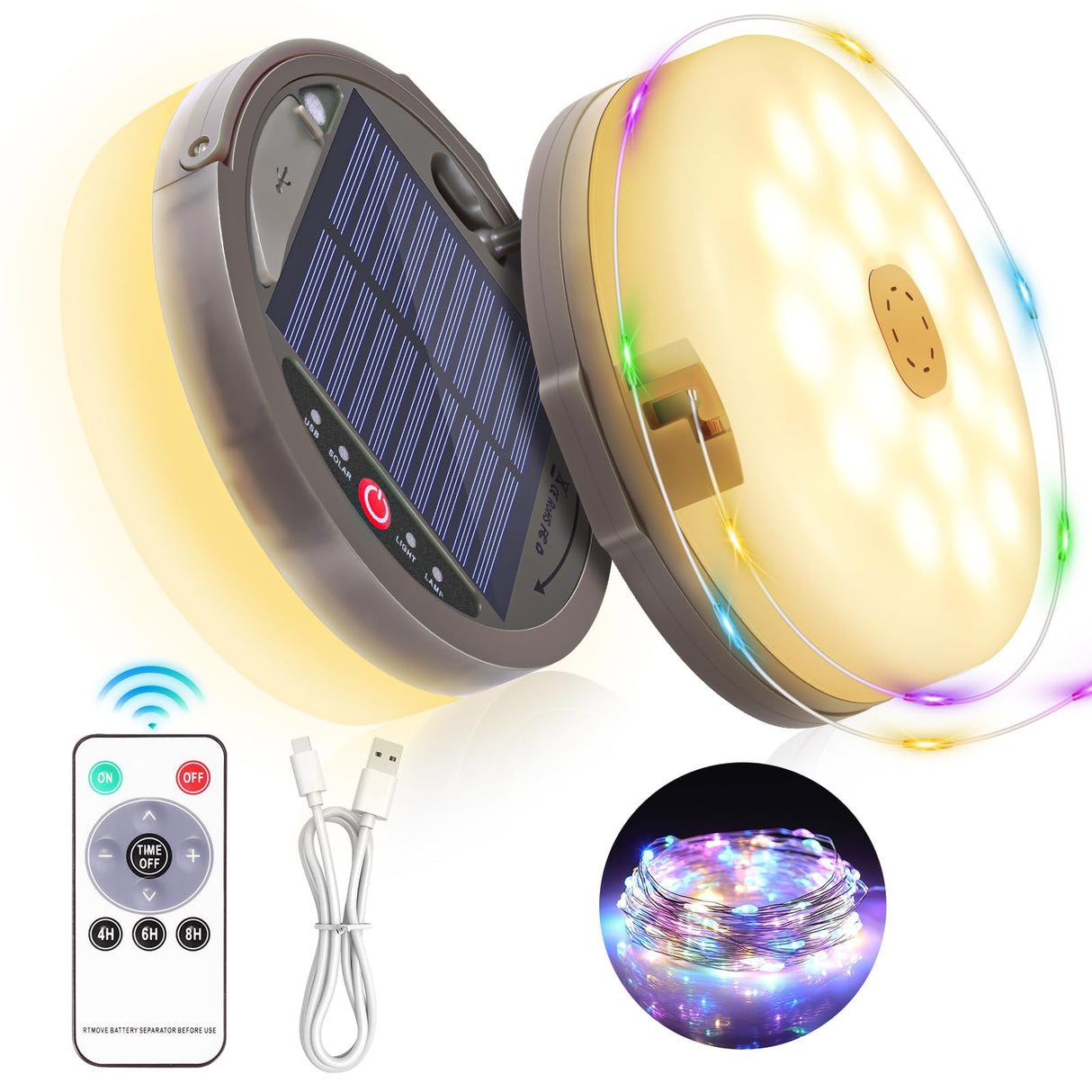 Solar Camping String Light, 12.8 M Solar Portable Waterproof Camping Lights with Remote, USB Type-C Rechargeable Portable Camping Lights with 8 Lighting Modes for Garden Party Decorations soga