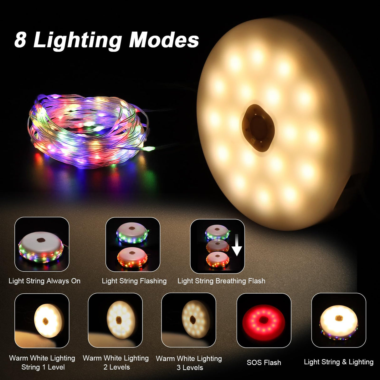 Solar Camping String Light, 12.8 M Solar Portable Waterproof Camping Lights with Remote, USB Type-C Rechargeable Portable Camping Lights with 8 Lighting Modes for Garden Party Decorations soga