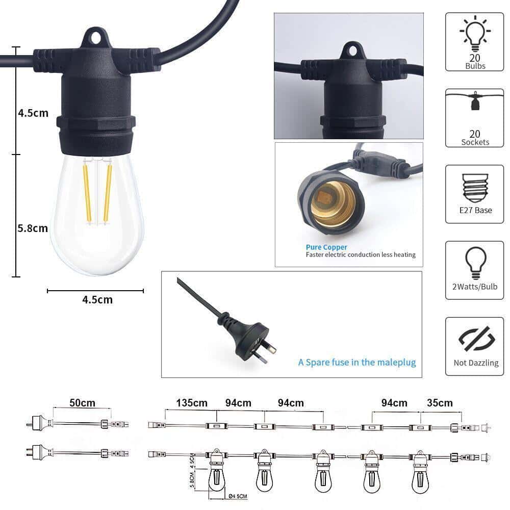 HQ SolarLighting 20M - 200M Connectable LED Festoon String Lights Party Lights Patio Lights Dimmable - HQ SolarLighting