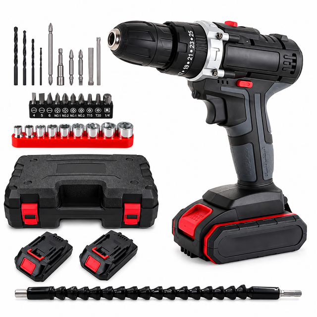 Cordless drill kit and two batteries