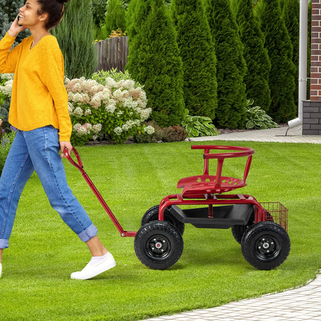 HQ Solar Lighting Rolling Garden Cart Scooter, Outdoor Heavy-Duty Gardening Cart w/ 26cm Tires, Swivel Seat HQ SolarLighting