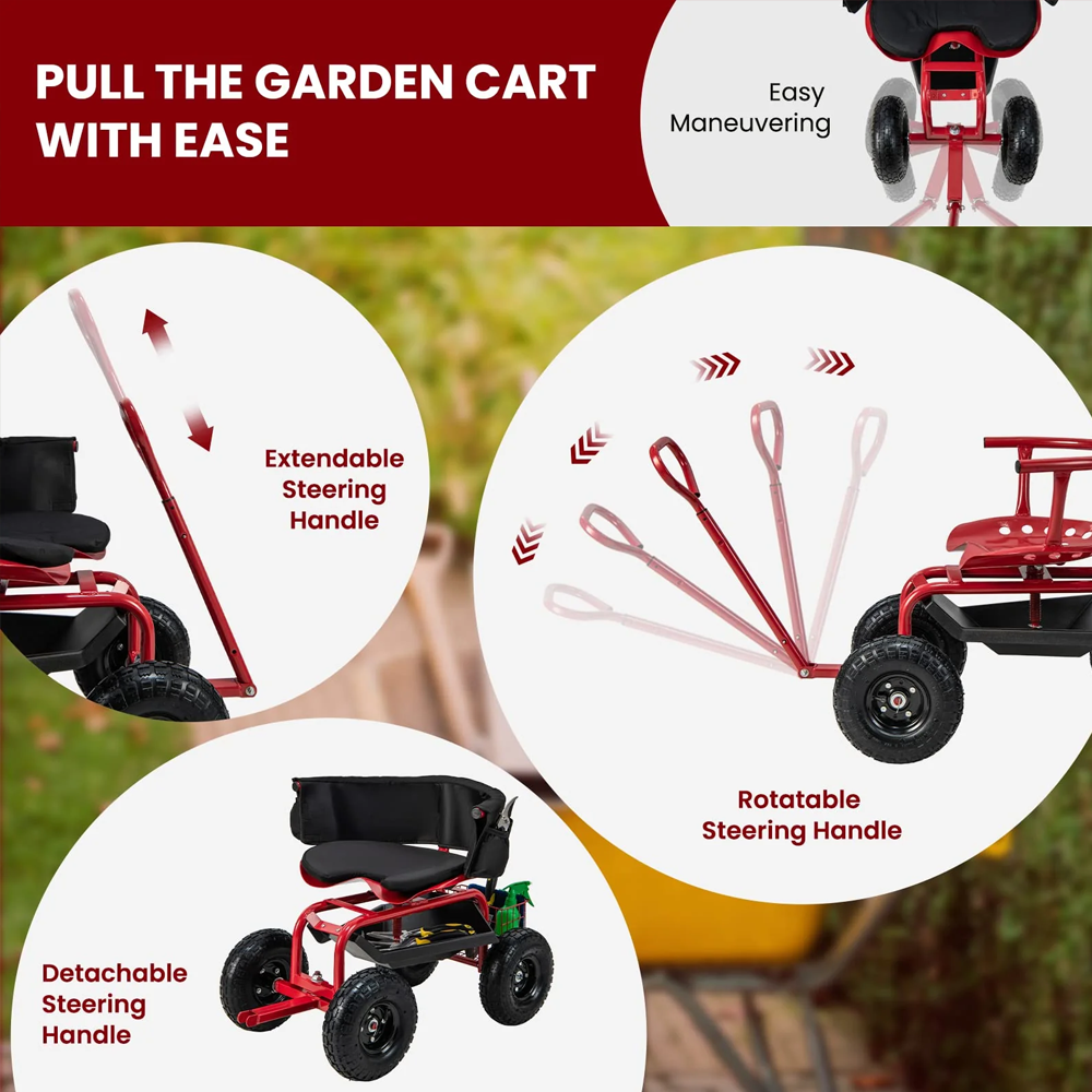 HQ Solar Lighting Rolling Garden Cart Scooter, Outdoor Heavy-Duty Gardening Cart w/ 26cm Tires, Swivel Seat HQ SolarLighting