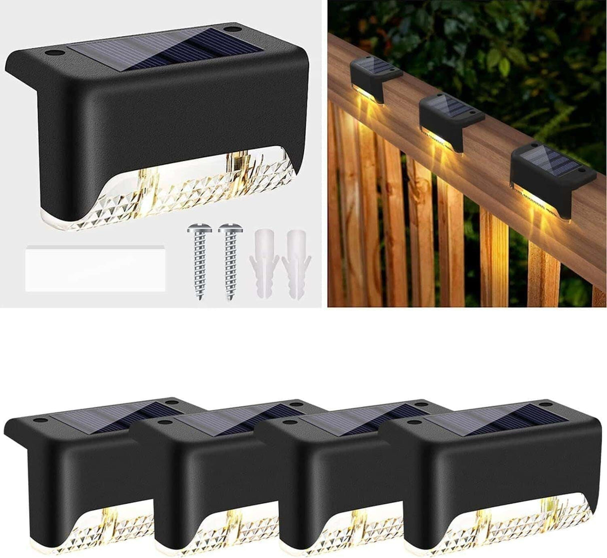 Solar Deck Lights Outdoor – 4 Pack Waterproof LED Step Lights for Fence, Stairs, Patio